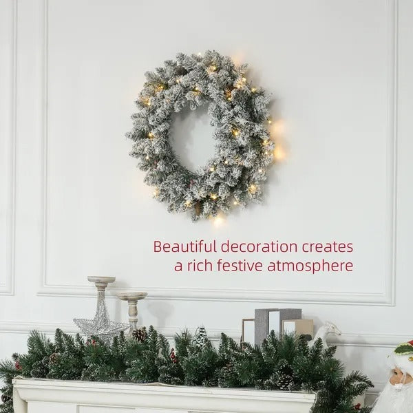 24 Christmas Front Door Wreath With Lights Flocked Christmas Wreath With Pine Cones And Berries For Windows Green